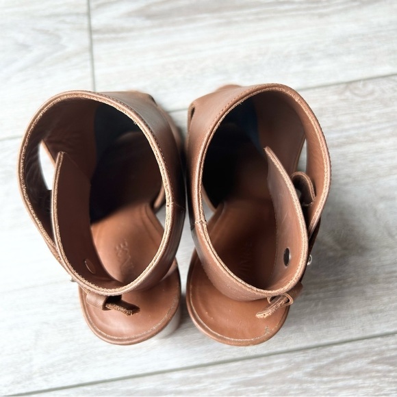 VINCE Addie Open Toe Buckle Back Strap Brown  Leather Bootie Wooden block Heel - Picture 13 of 16